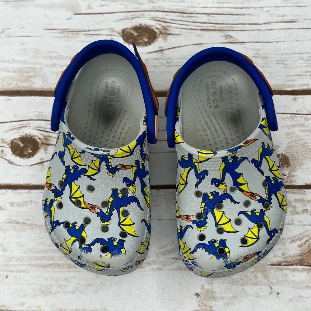 Crocs Clogs Gray Blue Dragon Fire Print Kids Boys Shoes Size C12